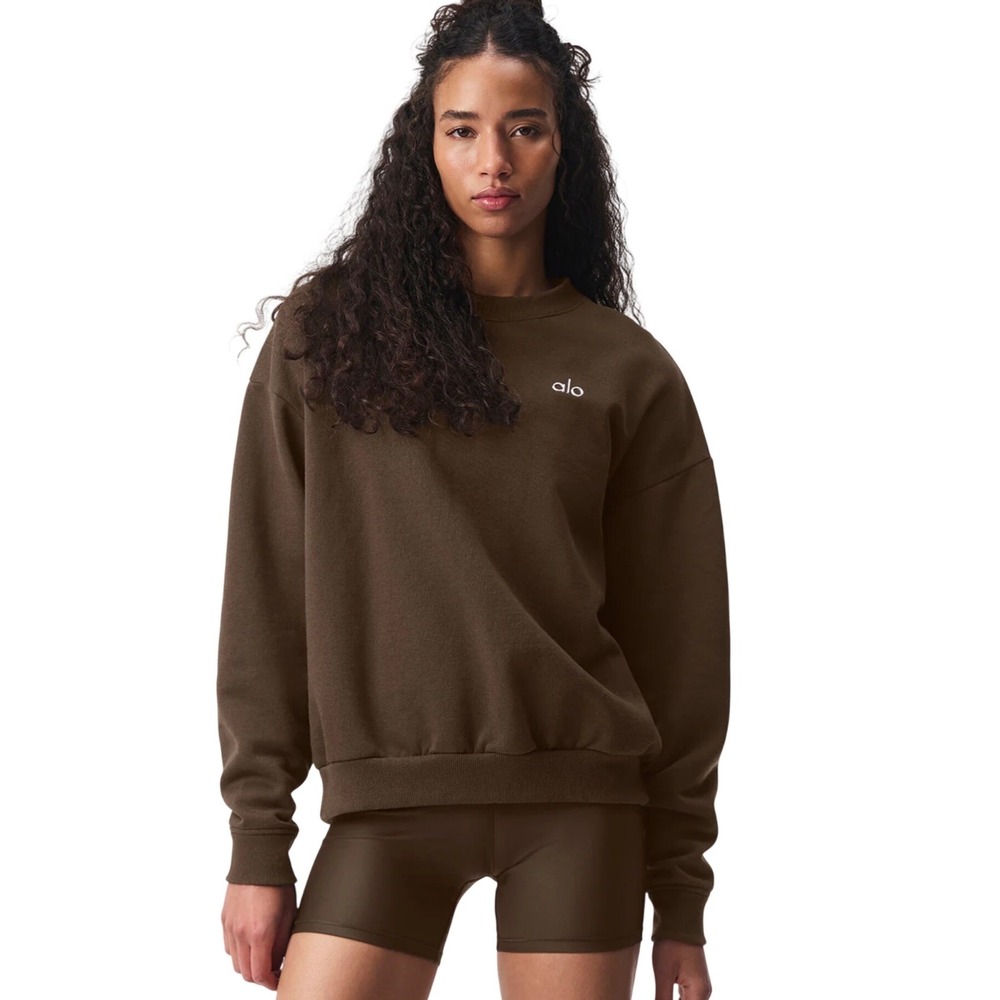 Alo Yoga Accolade Crew Neck Pullover Sweatshirt Espresso Brown Medium NEW